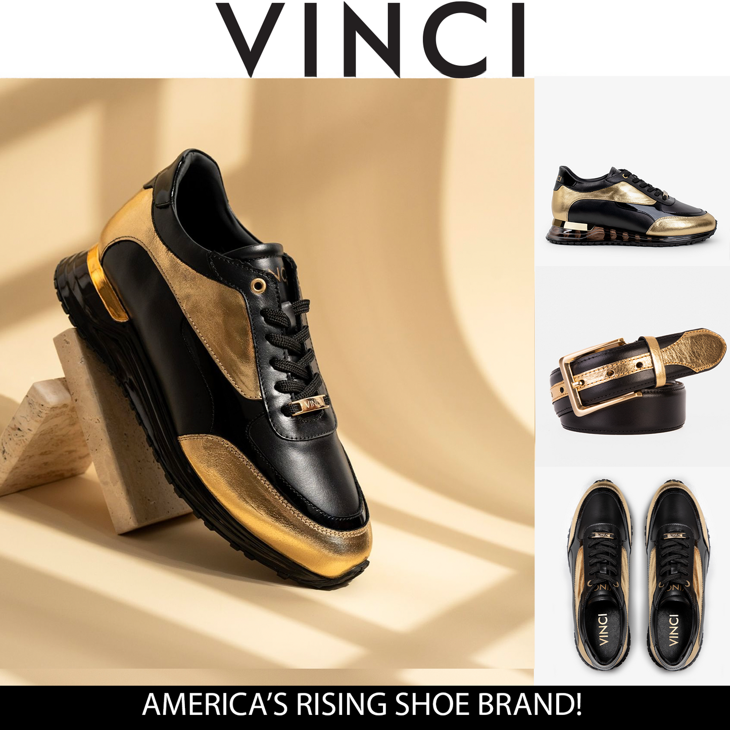 Zapatillas de deporte de cuero negro y dorado Arda para hombre