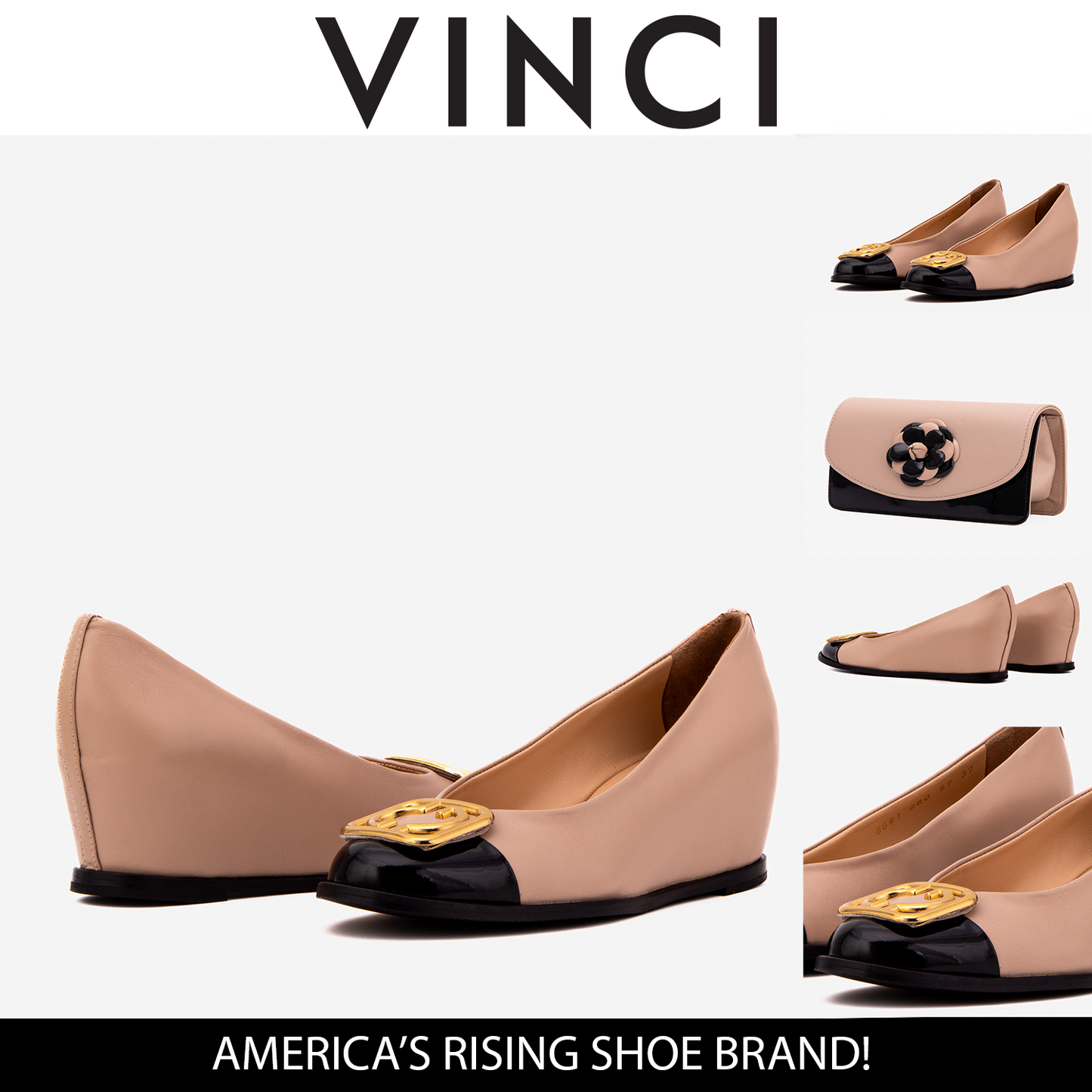 El zapato de mujer con cuña de cuero beige y negro Selene
