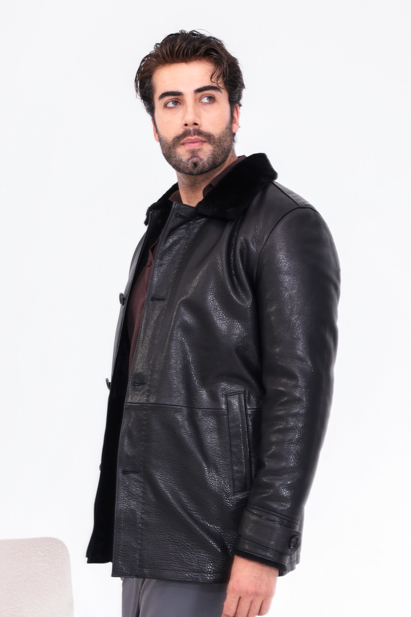 The Avelino Black Genuine Calf Leather Shearling Collar Men Coat