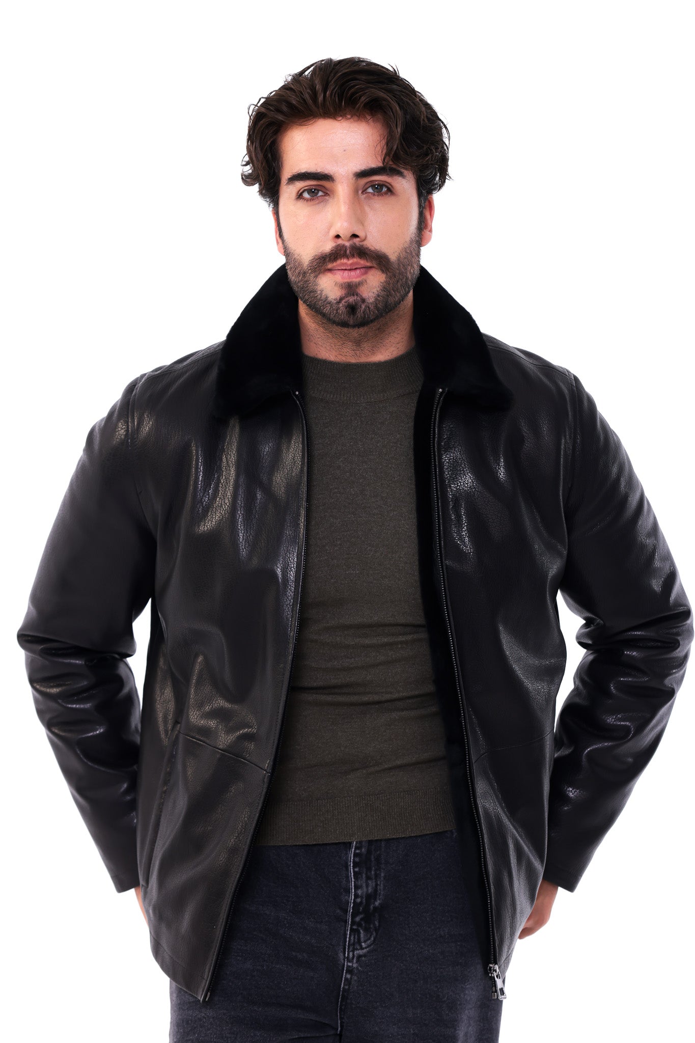 The Elvaris Black Genuine Leather Fur Collar Men Jacket