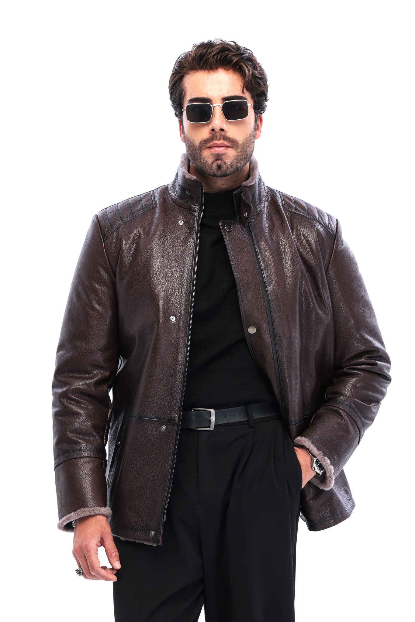 The Sondrio Brown Genuine Leather Shearling Men Jacket