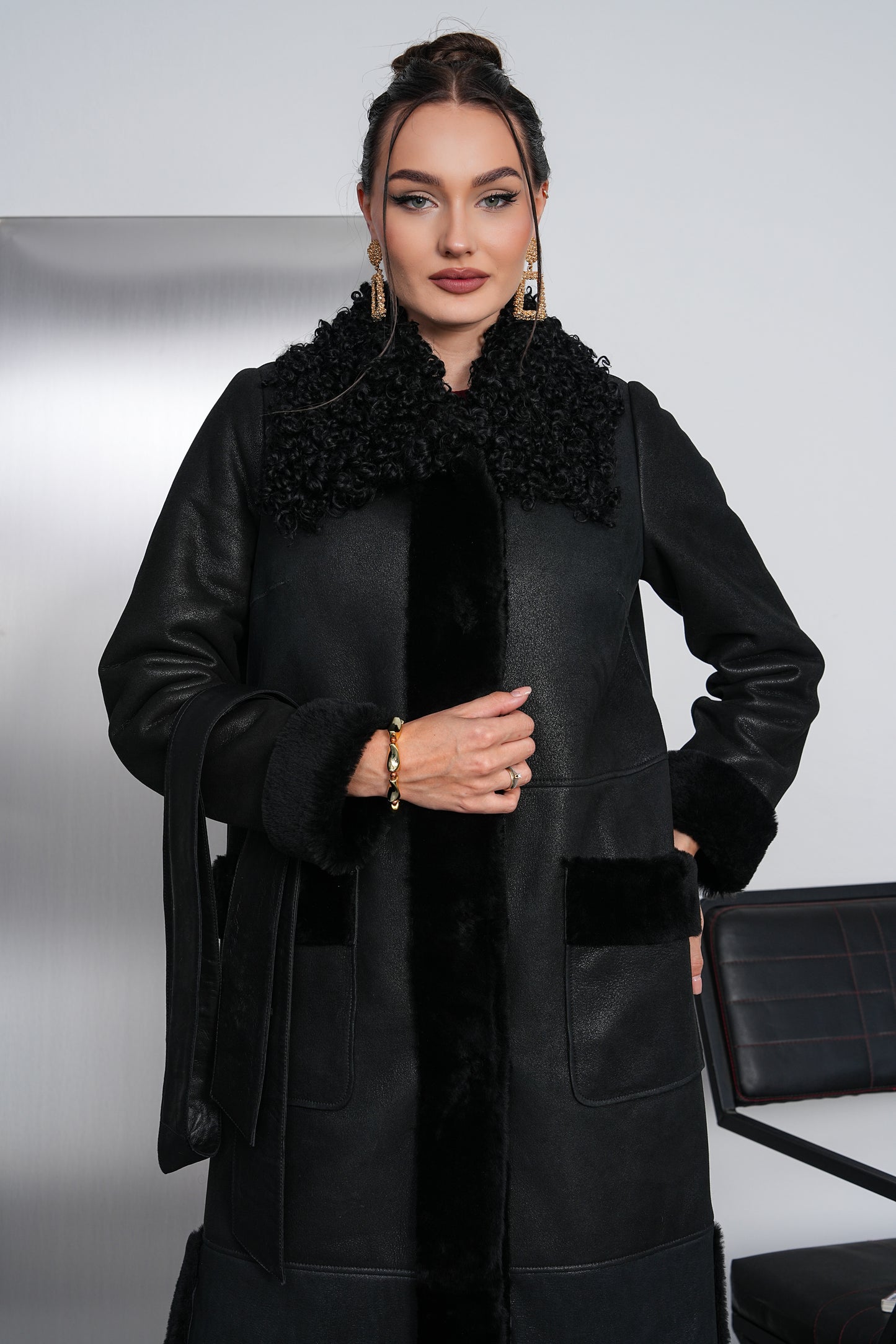 The Selvoria Black Genuine Curly Shearling Leather Women Coat