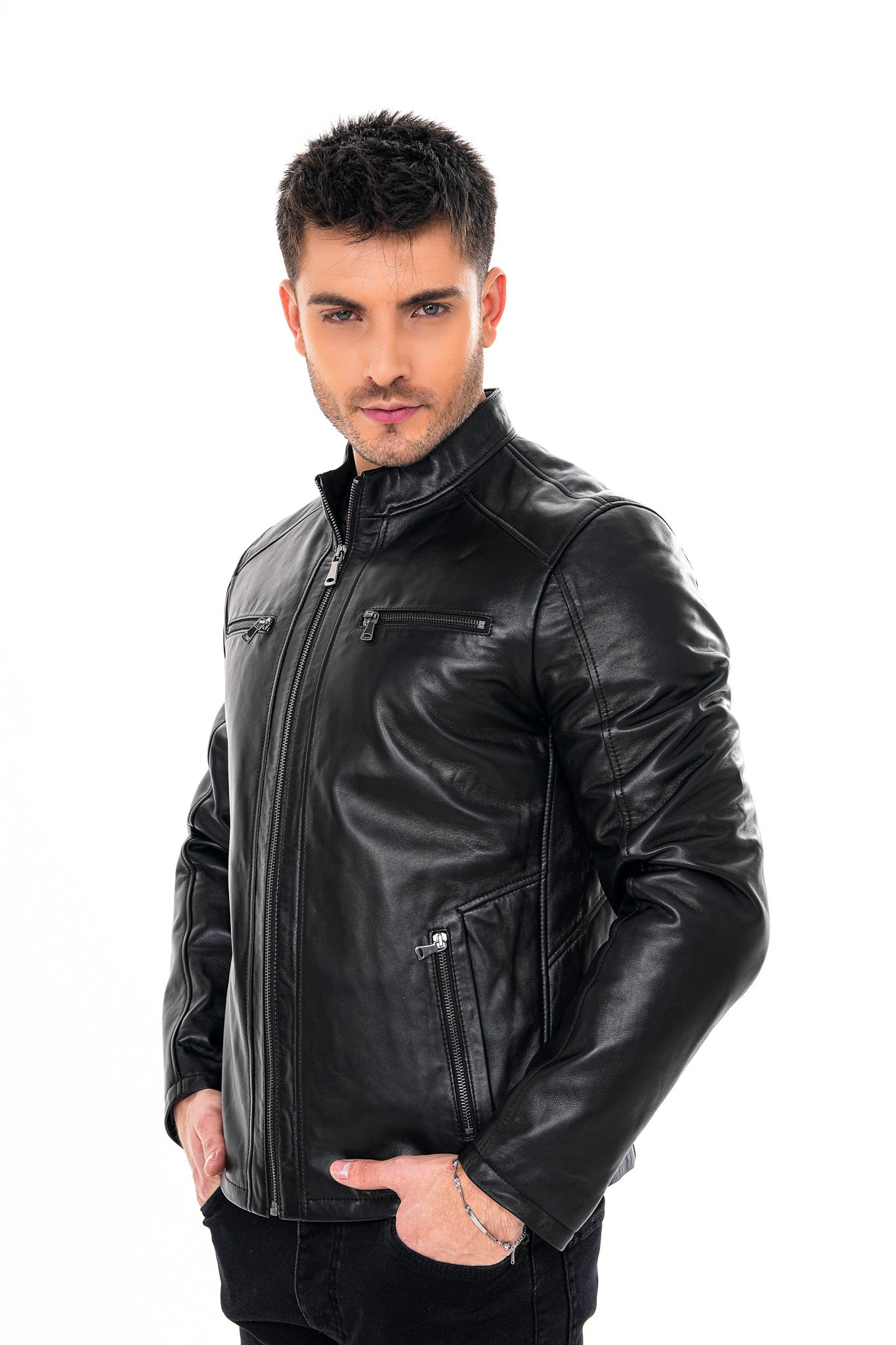 La chaqueta para hombre Falcon de cuero negro liso