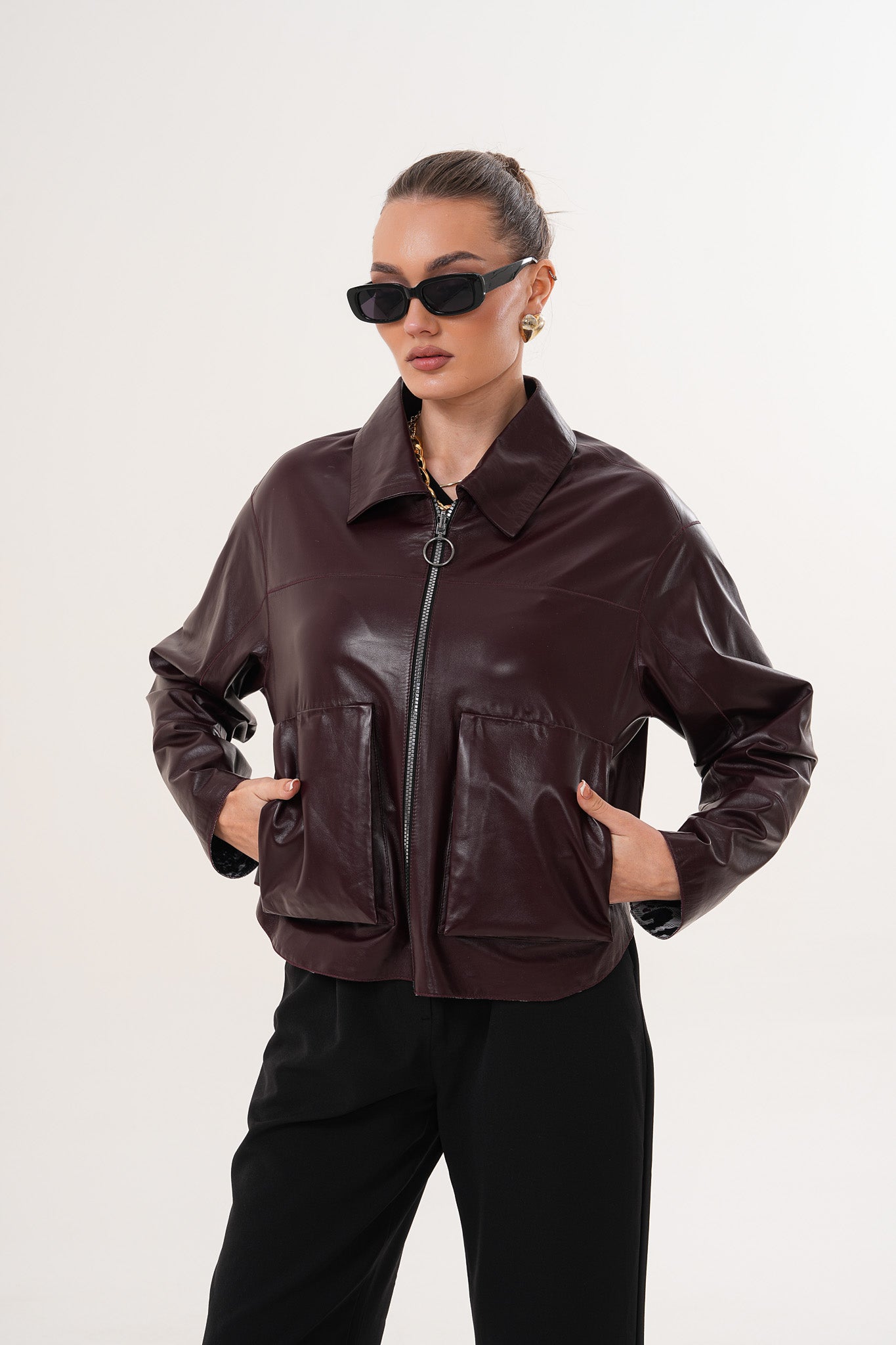 Chaqueta reversible de cuero burdeos para mujer Elvoria