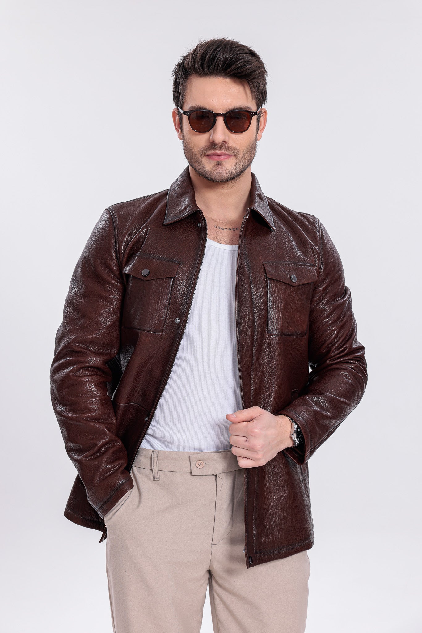 The Castello Brown Genuine Leather Men Field Jacket