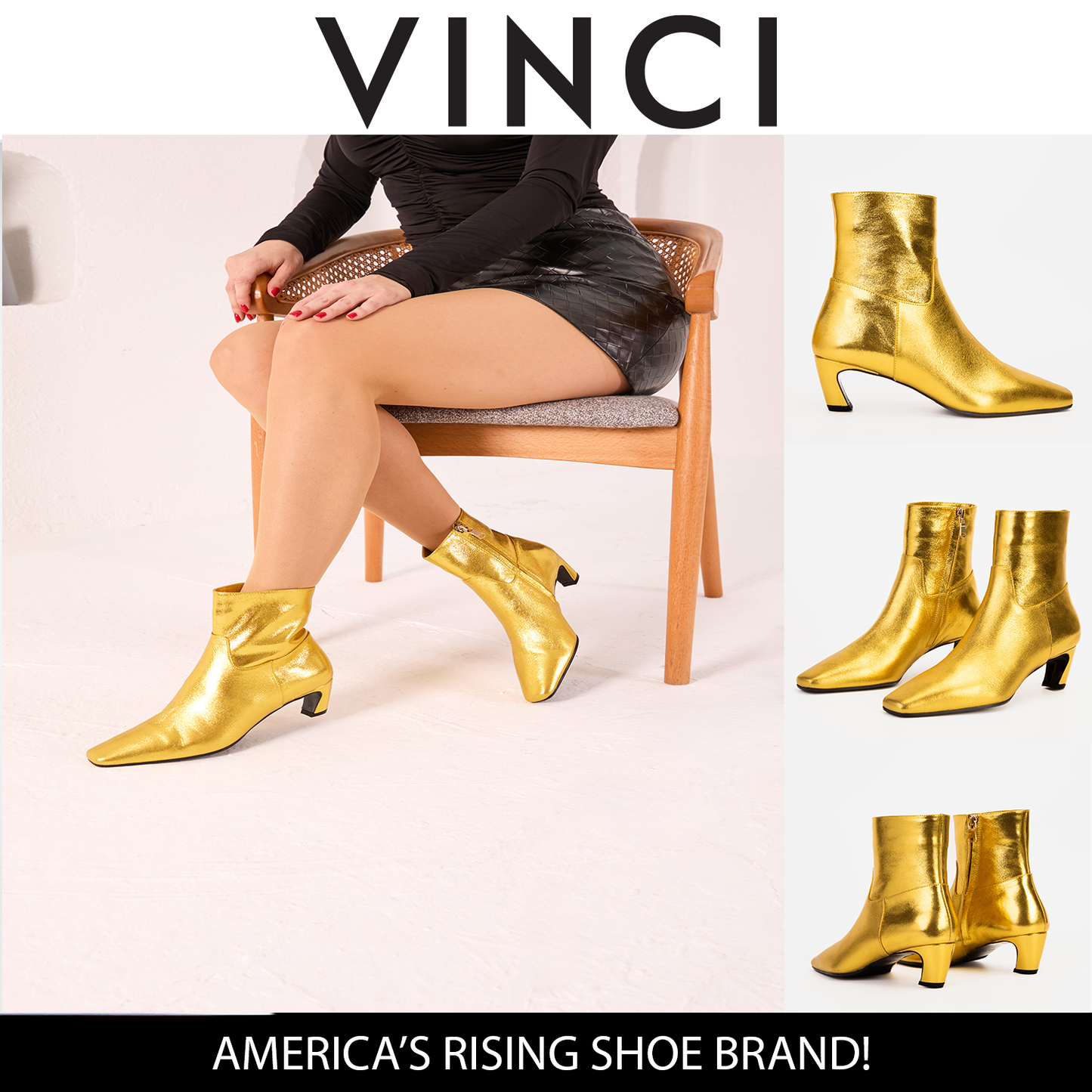 Las Botas de Mujer con Tacón de Gatito de Cuero Dorado Golden Glow