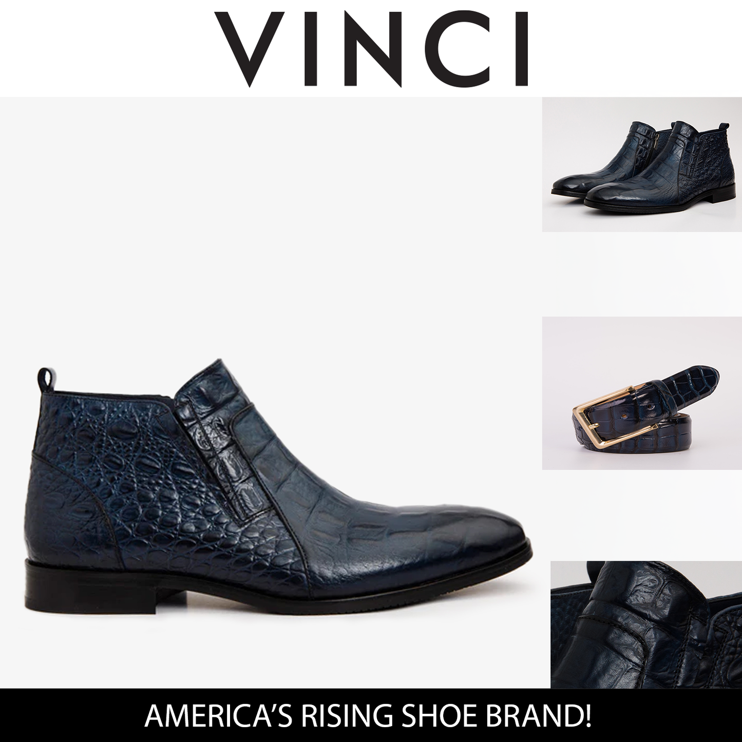 The Randor Navy Blue Croc-Embossed Calf Leather Side-Zip Dress Ankle Men Boot