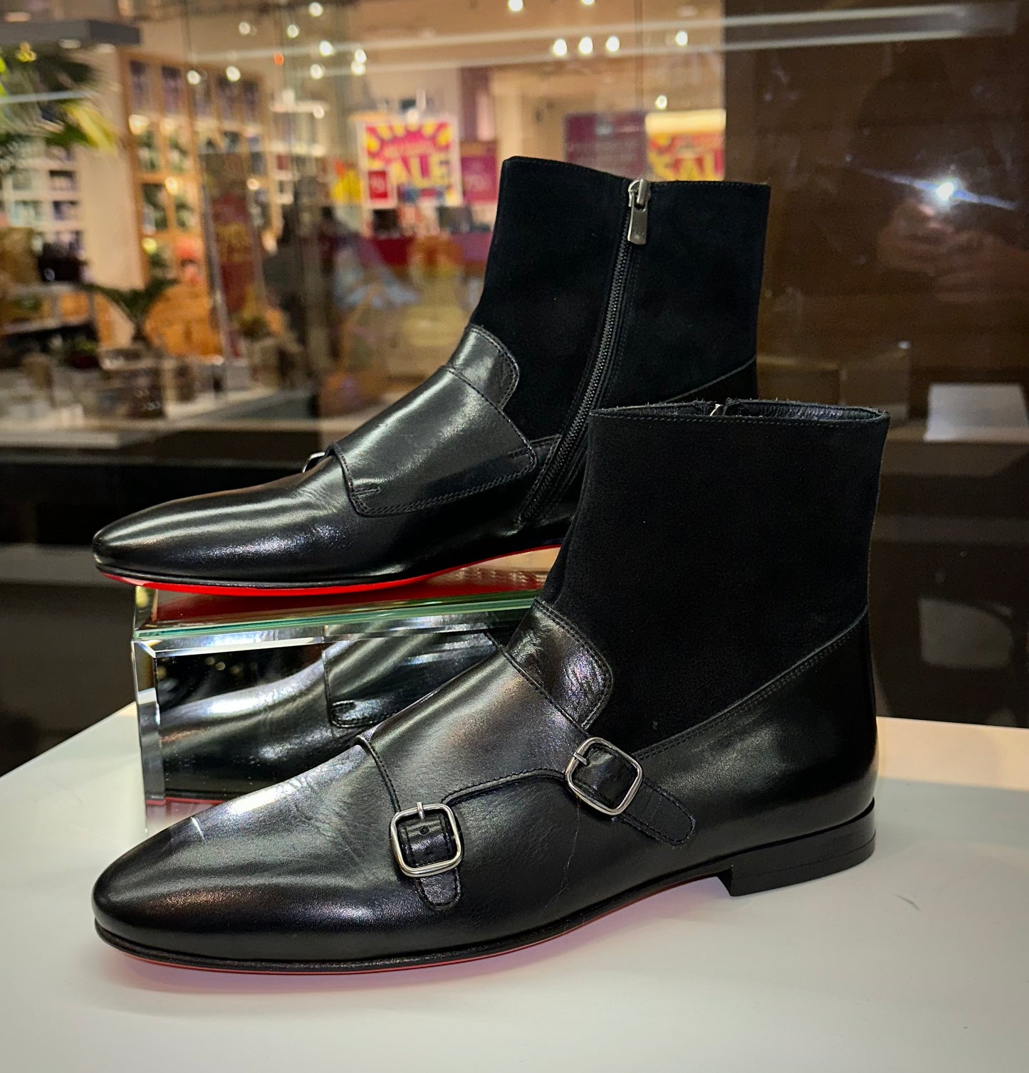 Preston Black Leather & Suede Double Monk Strap Ankle Men Boot - 6