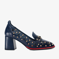 The Infanta Navy Blue Spike Leather Block Heel Pump Women Shoe