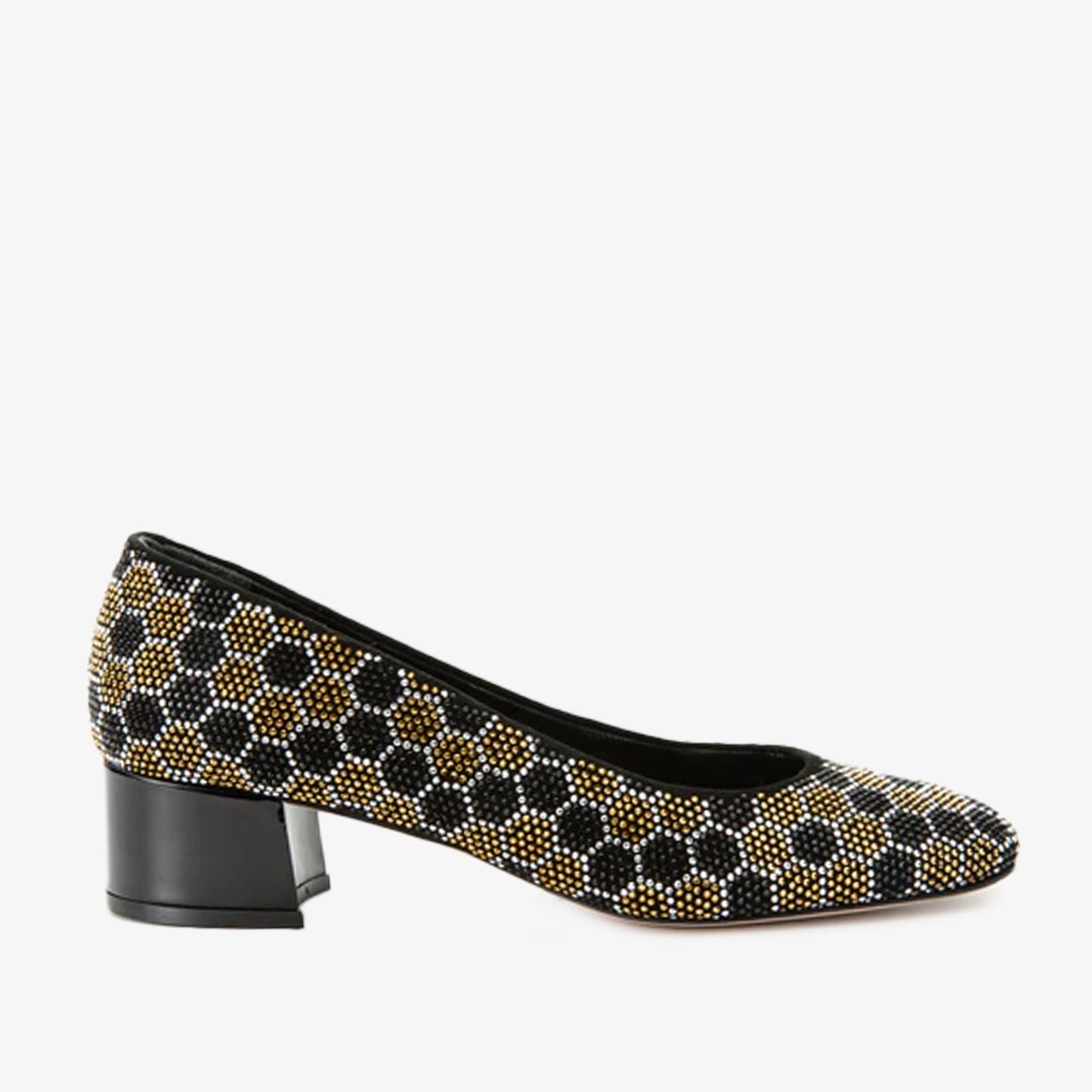 Zapatos de salón con tacón de bloque de piel con purpurina dorada y negra de Doha para mujer