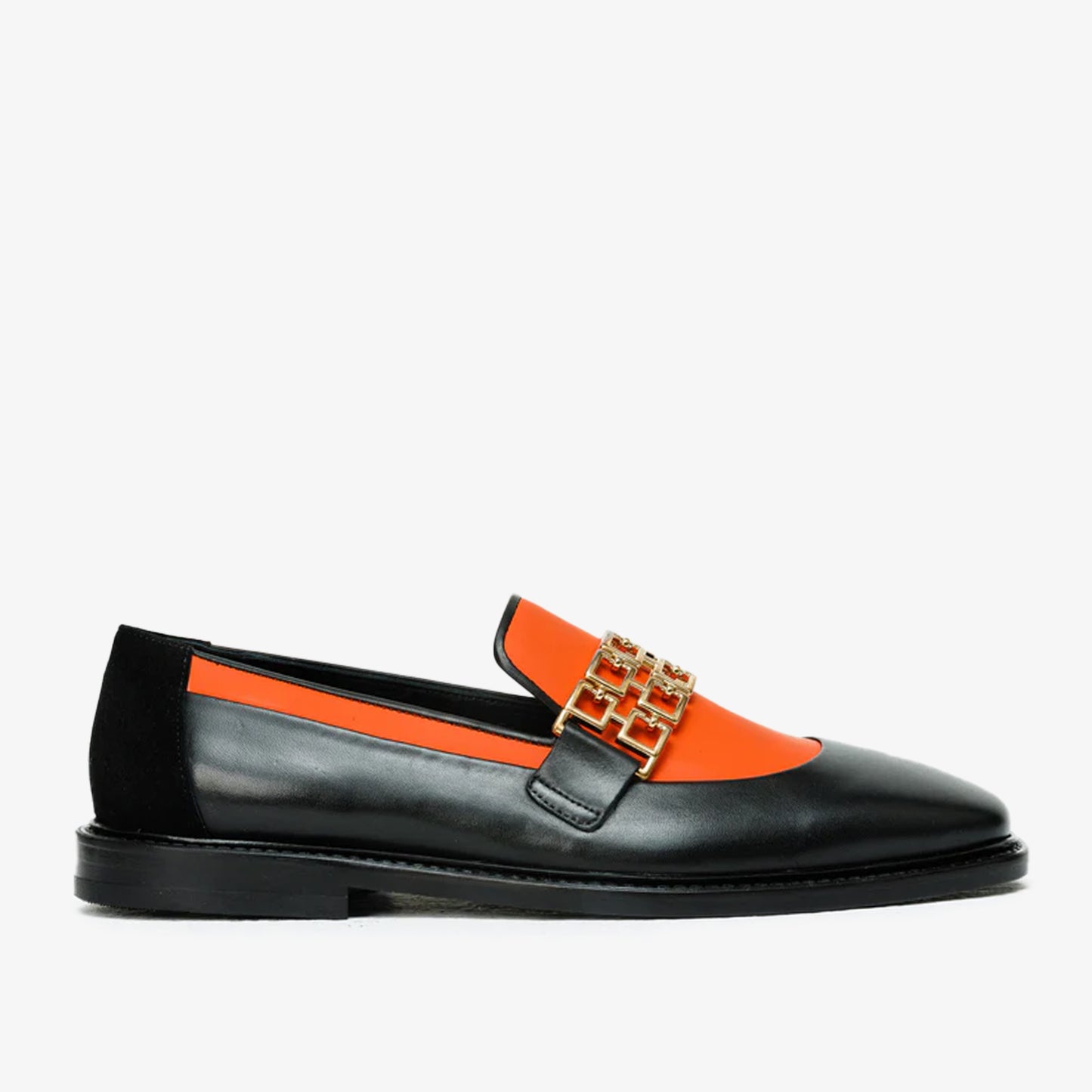 Los zapatos de hombre Gemena de cuero negro y naranja con hebilla, ¡venta final!