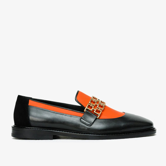 Los zapatos de hombre Gemena de cuero negro y naranja con hebilla, ¡venta final!