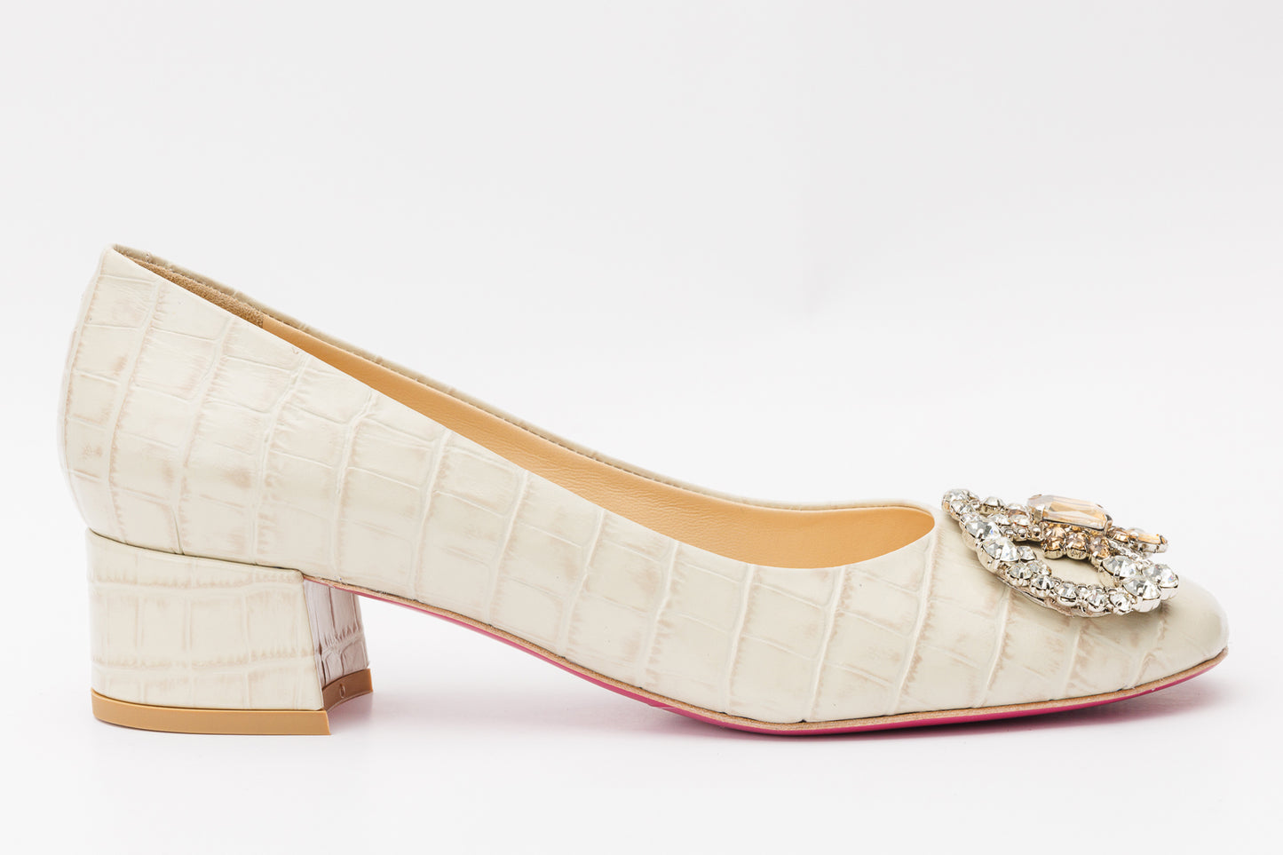 Zapato de salón Foggia de cuero crema con tacón cuadrado para mujer