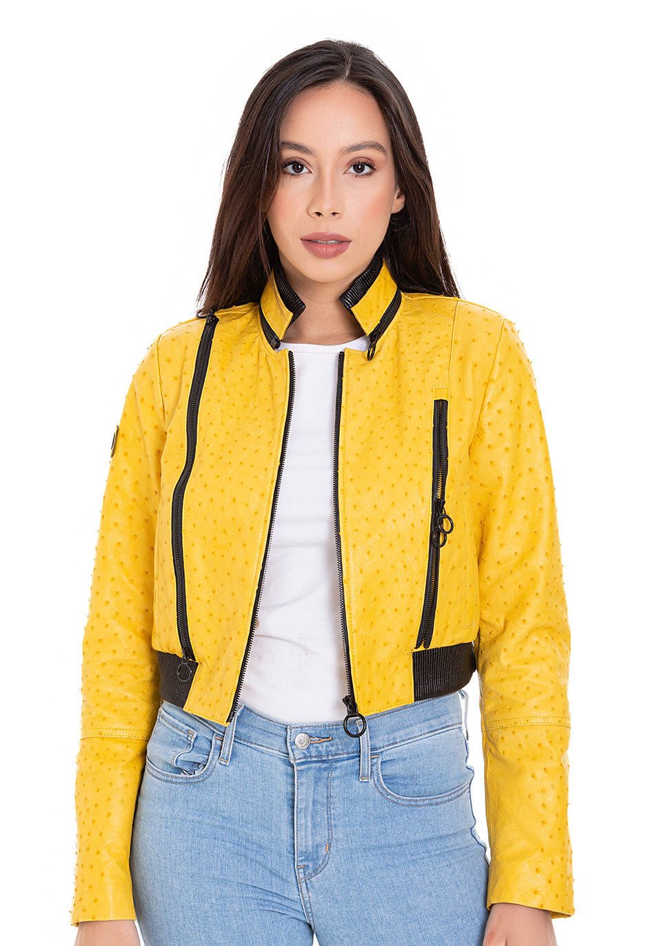 Comly Yellow Ostrich Leather Women Jacket - 1