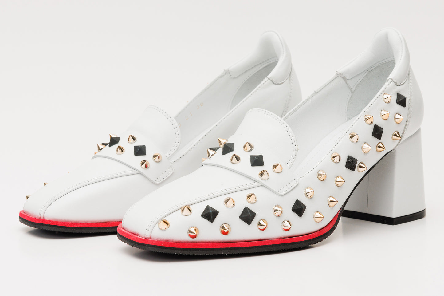 The Infanta White Spike Leather Block Heel Pump Women Shoe