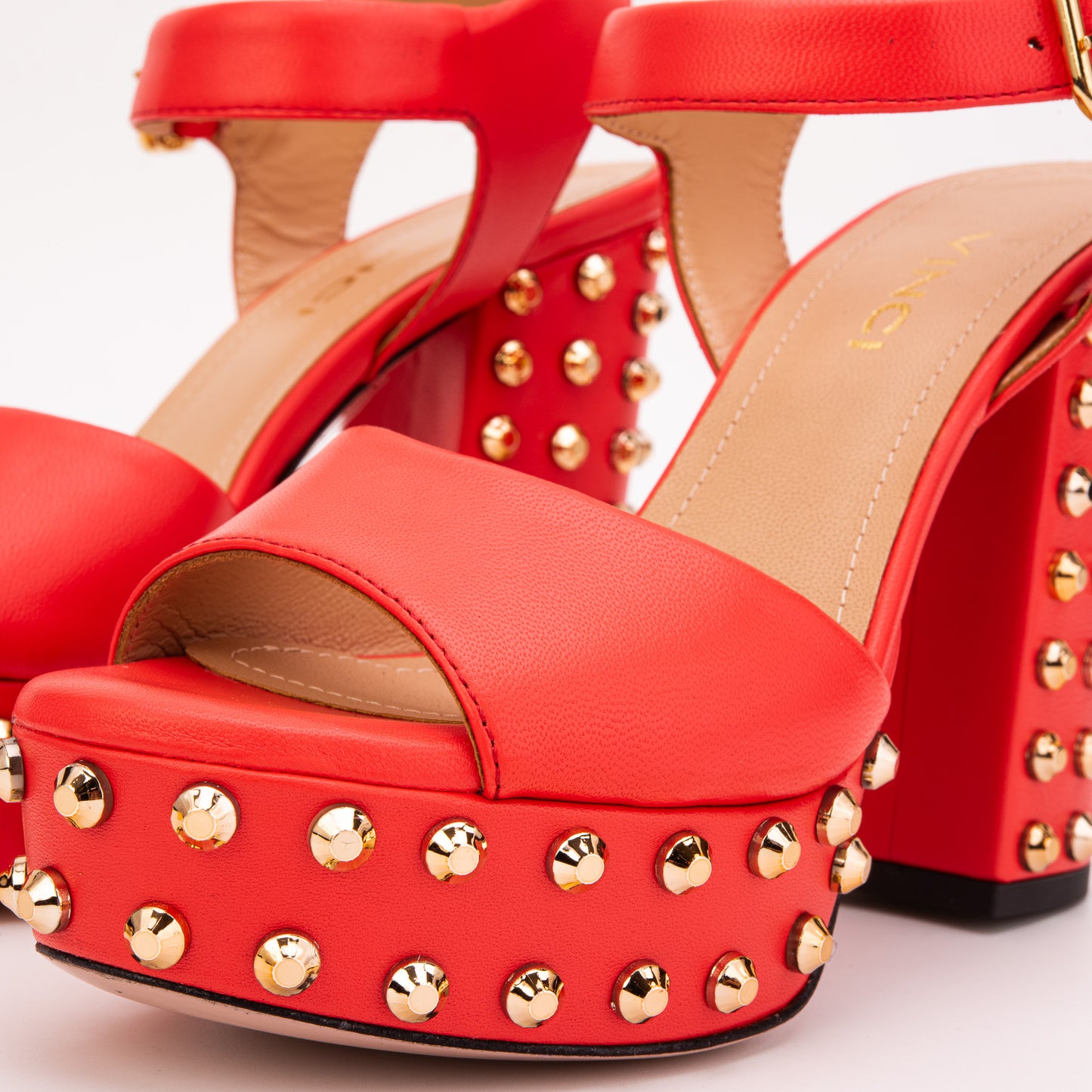 The Celestia Coral Red Leather Platform Heel Women Sandal