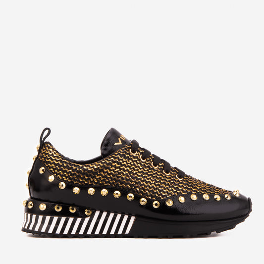 The Aurelia Black Gold Woven Leather Women Sneaker