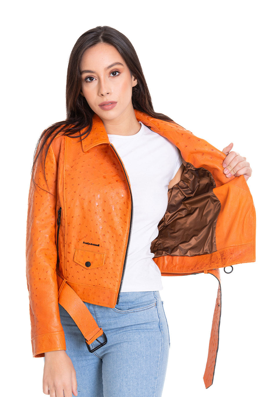 La chaqueta de mujer de piel de avestruz color naranja de Martos 