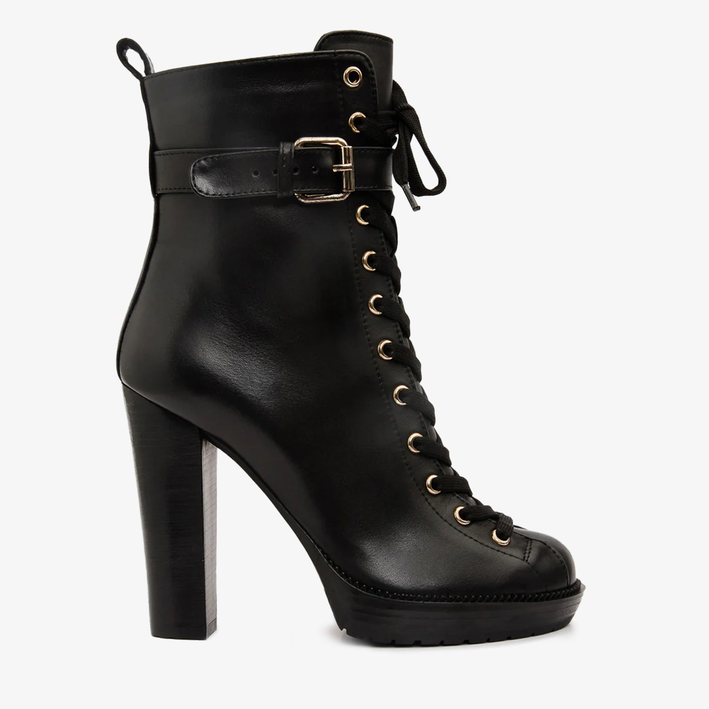 Bota de mujer de media pantorrilla con plataforma y cordones de cuero negro Estrada