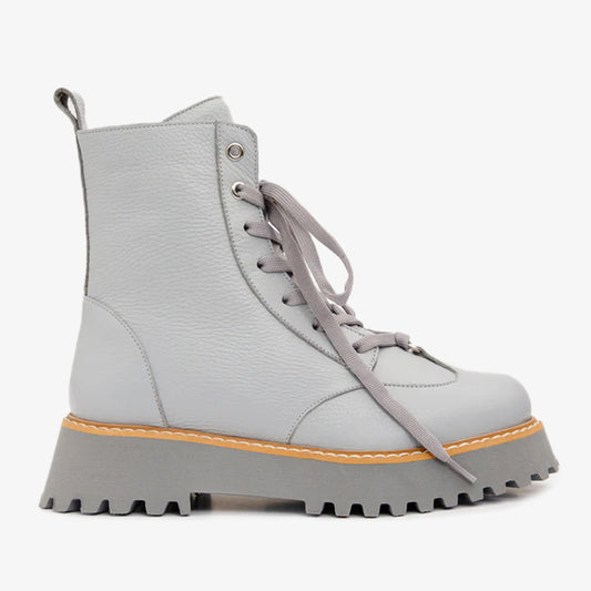 The Yildiz Gray Leather Lace-Up Ankle Women Boot With a Side Zipper