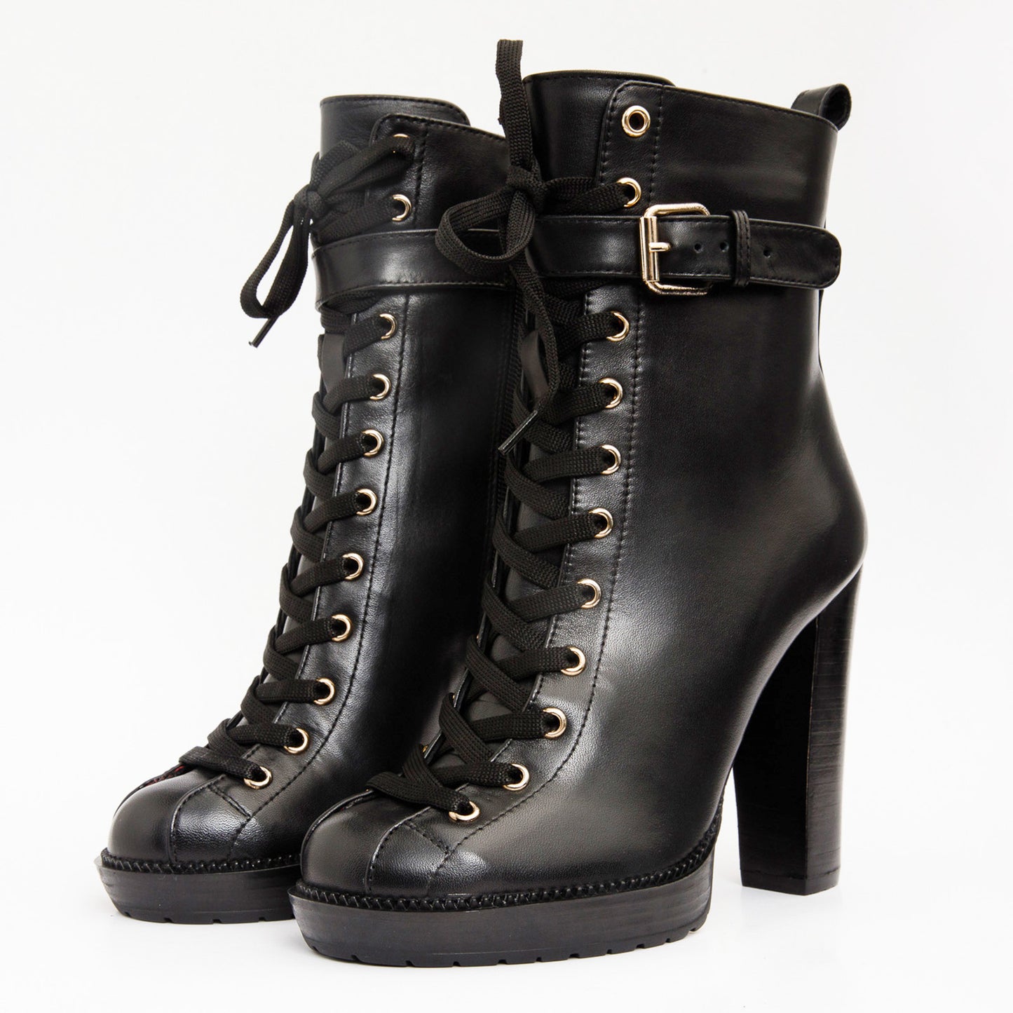 Bota de mujer de media pantorrilla con plataforma y cordones de cuero negro Estrada