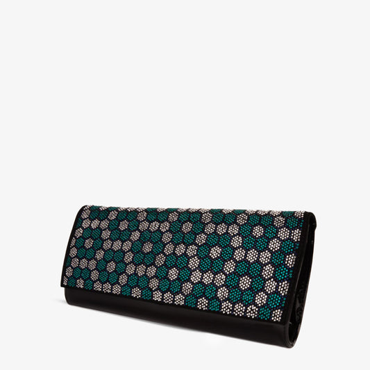 El clutch de cuero negro con purpurina Doha