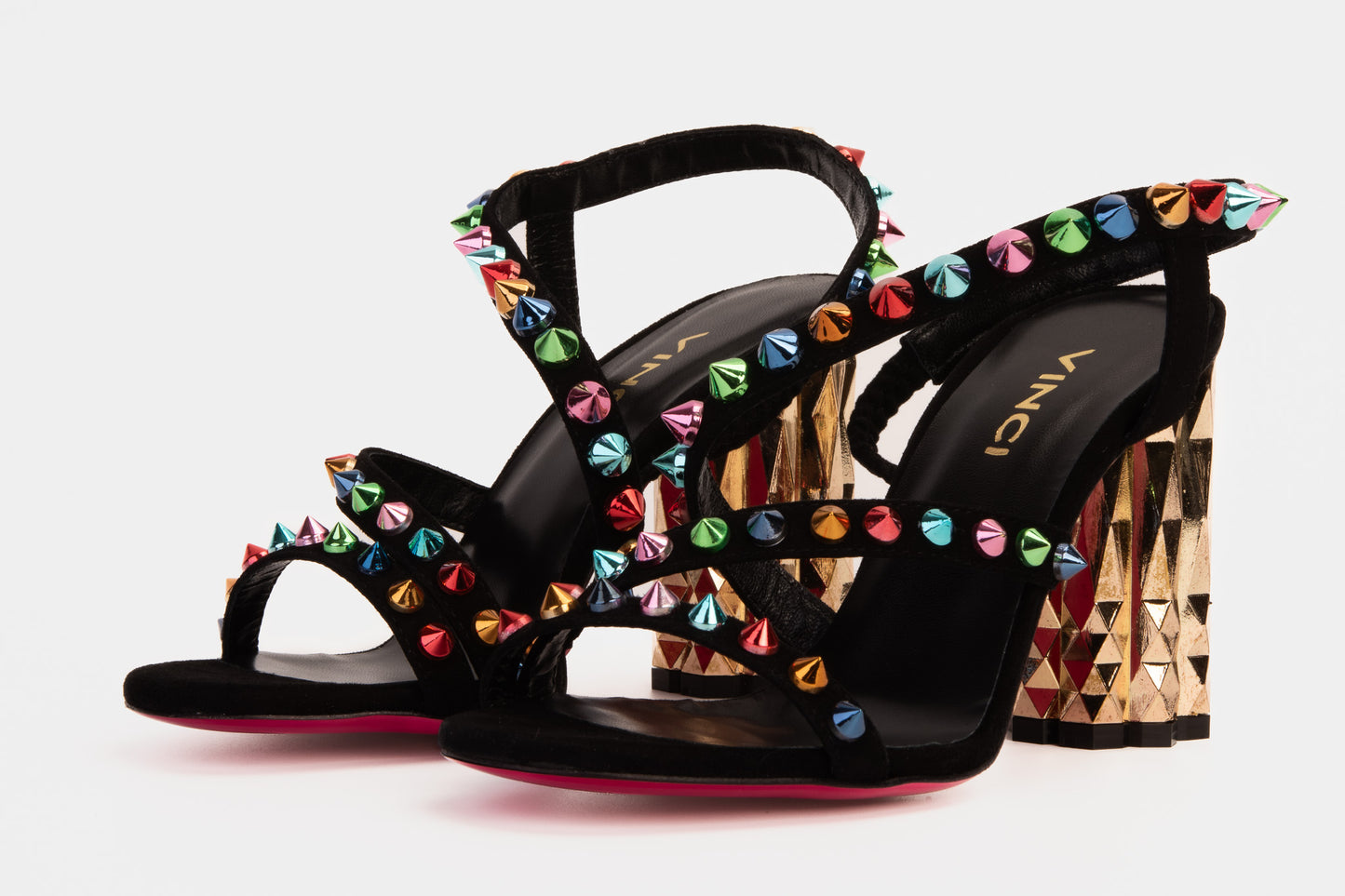 The Caris Black Sandalia de Mujer con Tacón Bloque y Púa de Cuero ¡Venta Final!