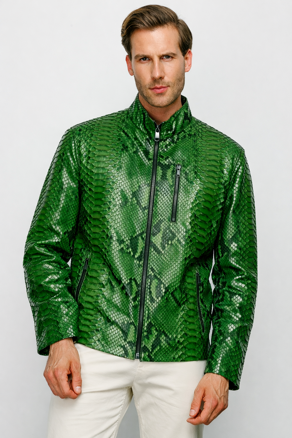 Chaqueta Exclusiva De Edición Limitada Para Hombre Boss Pythn De Cuero Verde