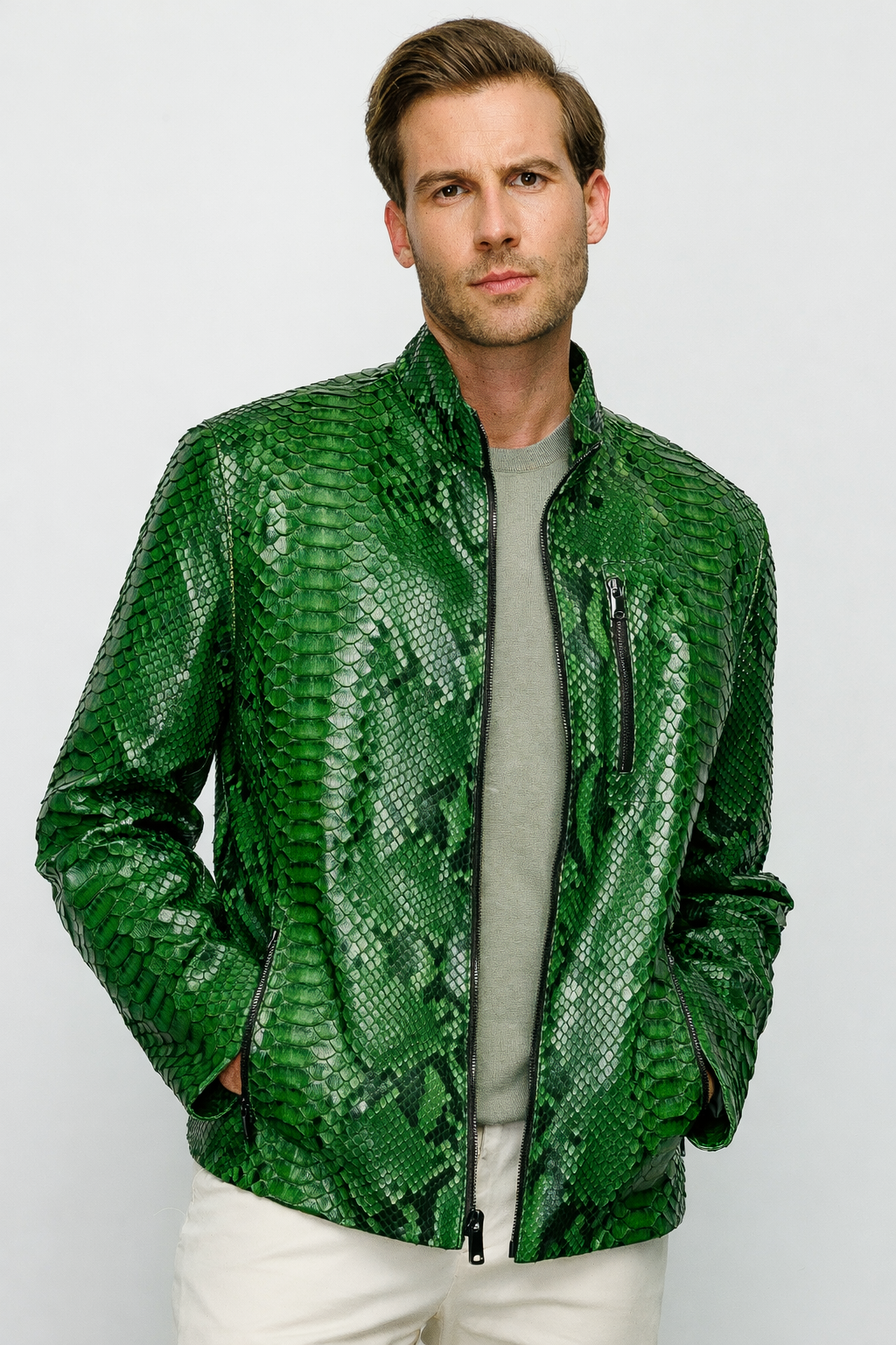 Chaqueta Exclusiva De Edición Limitada Para Hombre Boss Pythn De Cuero Verde