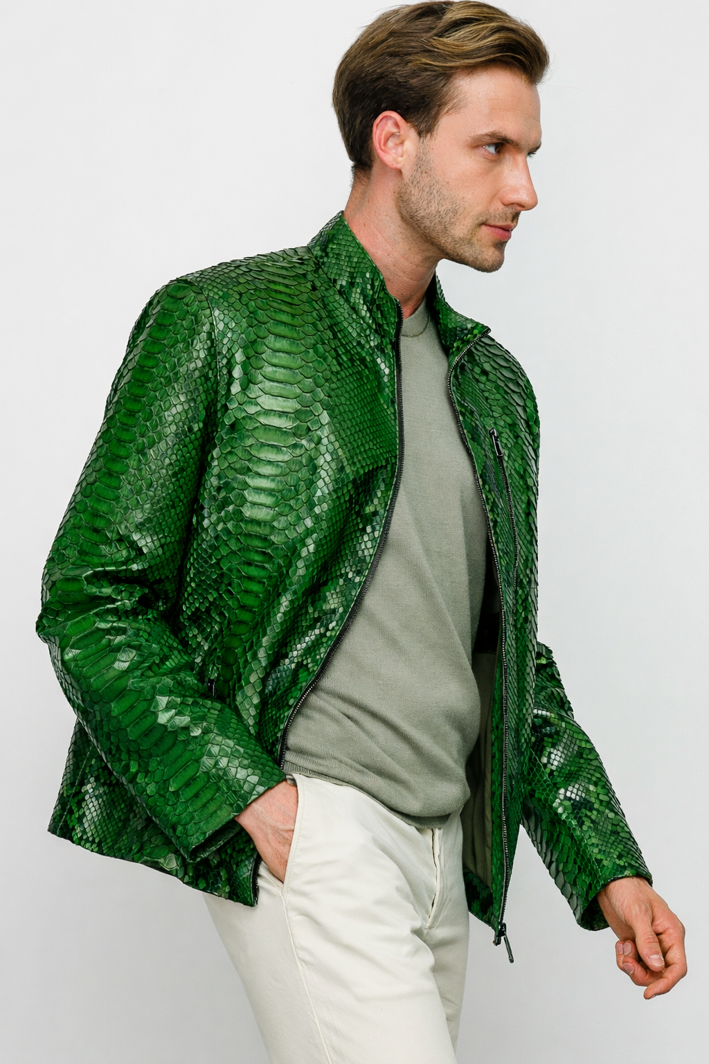 Chaqueta Exclusiva De Edición Limitada Para Hombre Boss Pythn De Cuero Verde