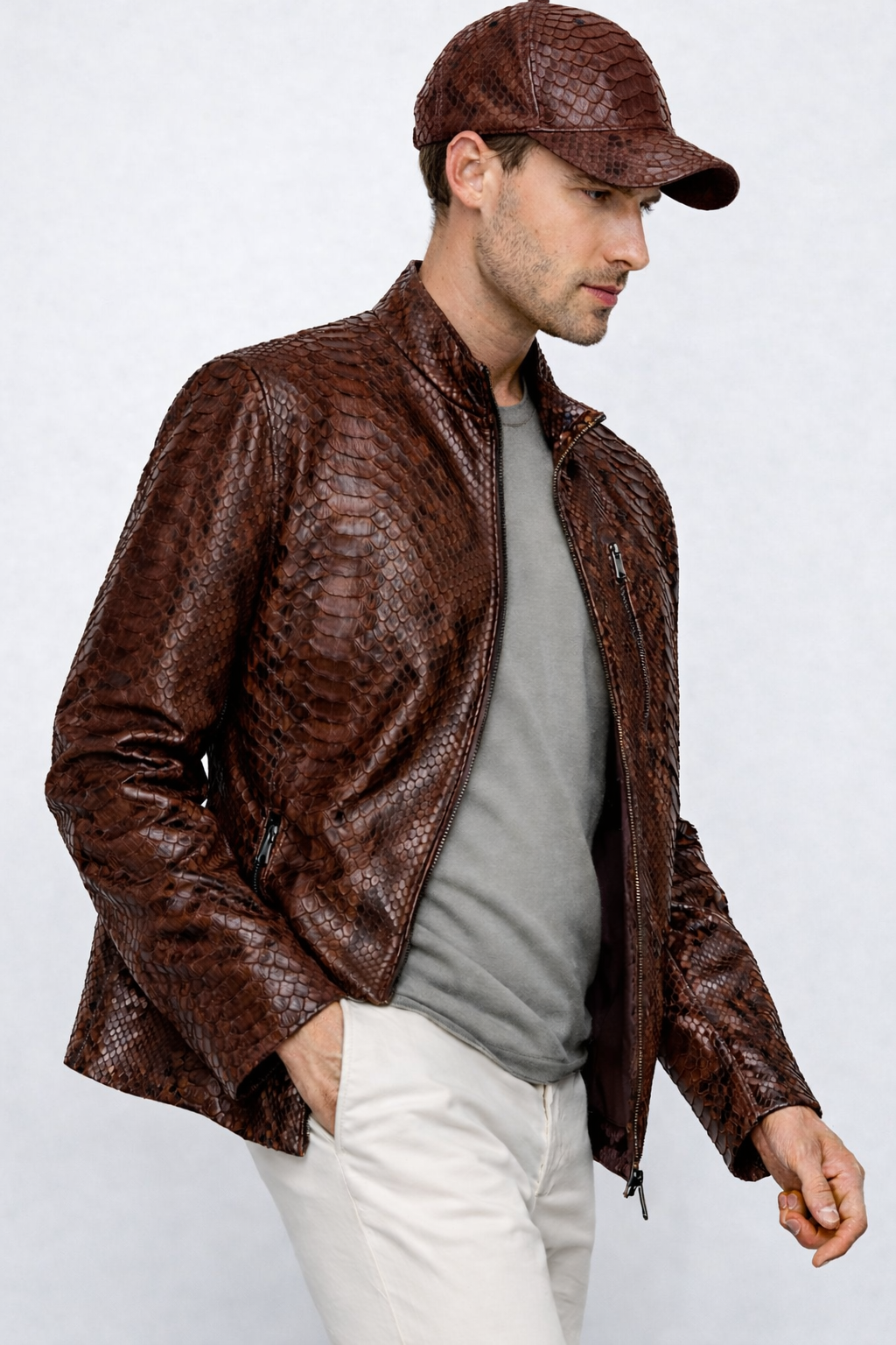 Chaqueta de hombre Boss Pythn de cuero marrón oscuro, edición exclusiva limitada