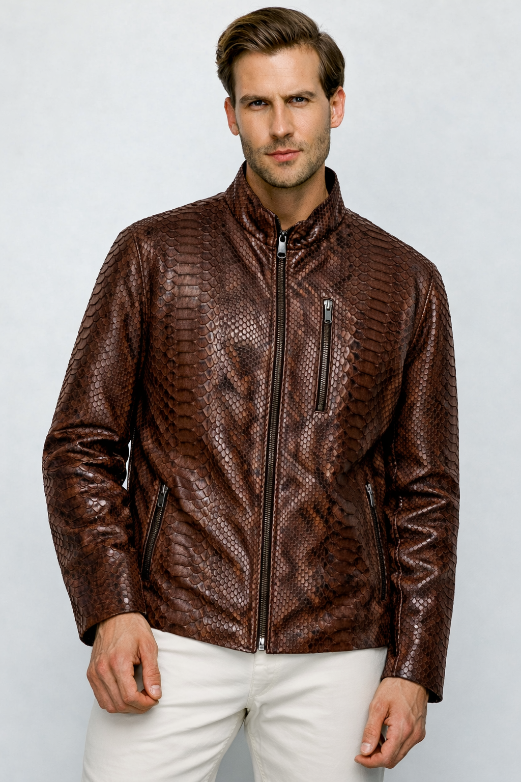 Chaqueta de hombre Boss Pythn de cuero marrón oscuro, edición exclusiva limitada