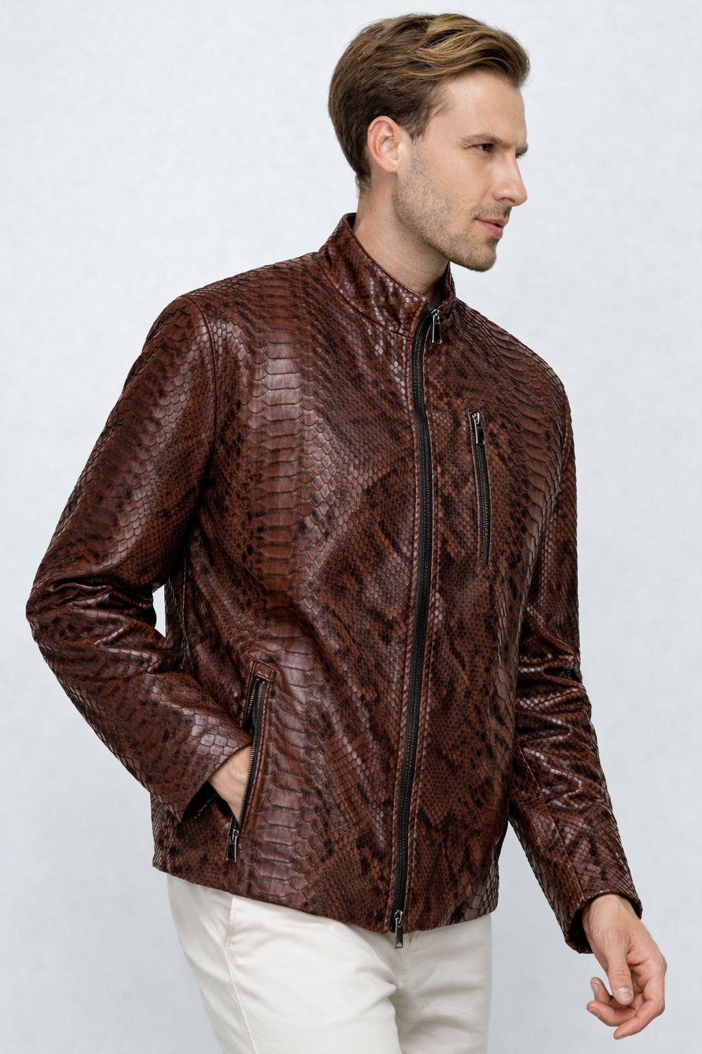 Chaqueta de hombre Boss Pythn de cuero marrón oscuro, edición exclusiva limitada