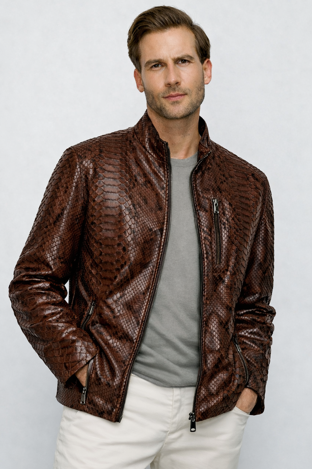 Chaqueta de hombre Boss Pythn de cuero marrón oscuro, edición exclusiva limitada