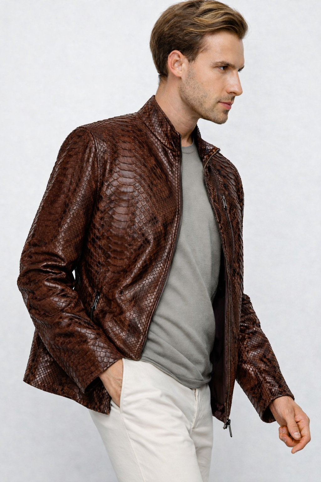 Chaqueta de hombre Boss Pythn de cuero marrón oscuro, edición exclusiva limitada