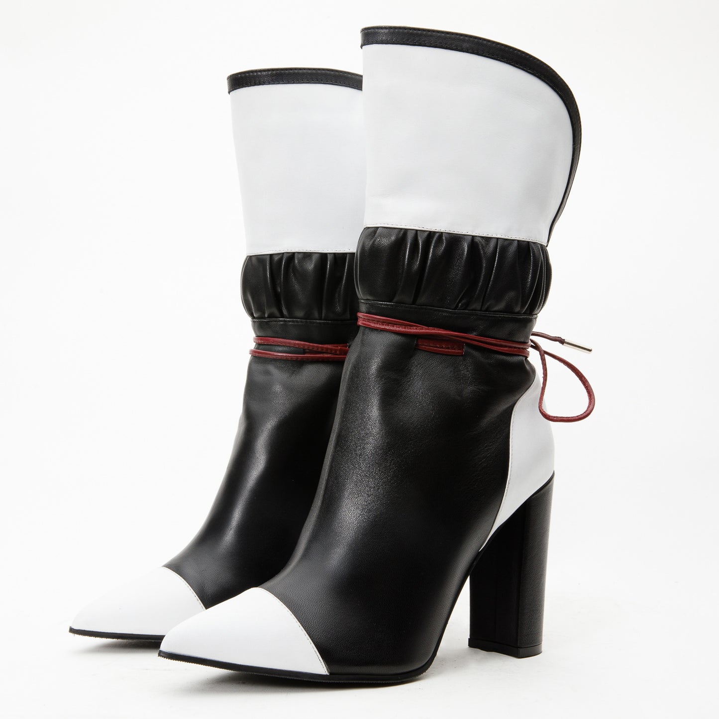 Bota de mujer de tacón alto a media pantorrilla de cuero blanco y negro Lucca, edición limitada