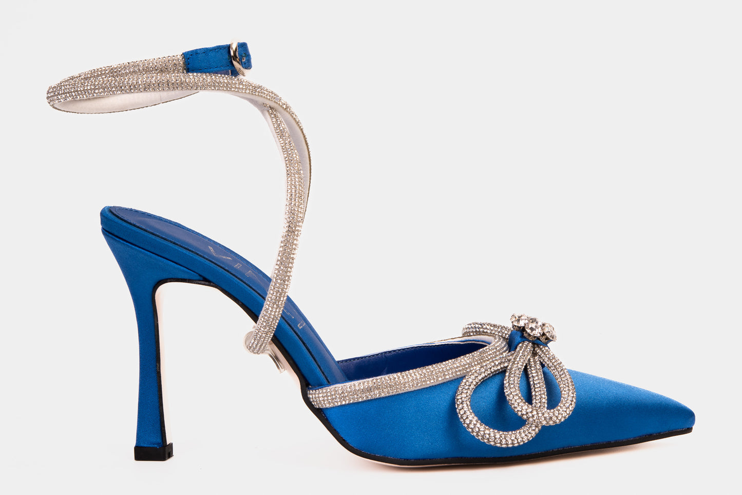 ¡Última venta de las sandalias para mujer Floransa Sax de cuero azul con punta afilada y correa al tobillo!