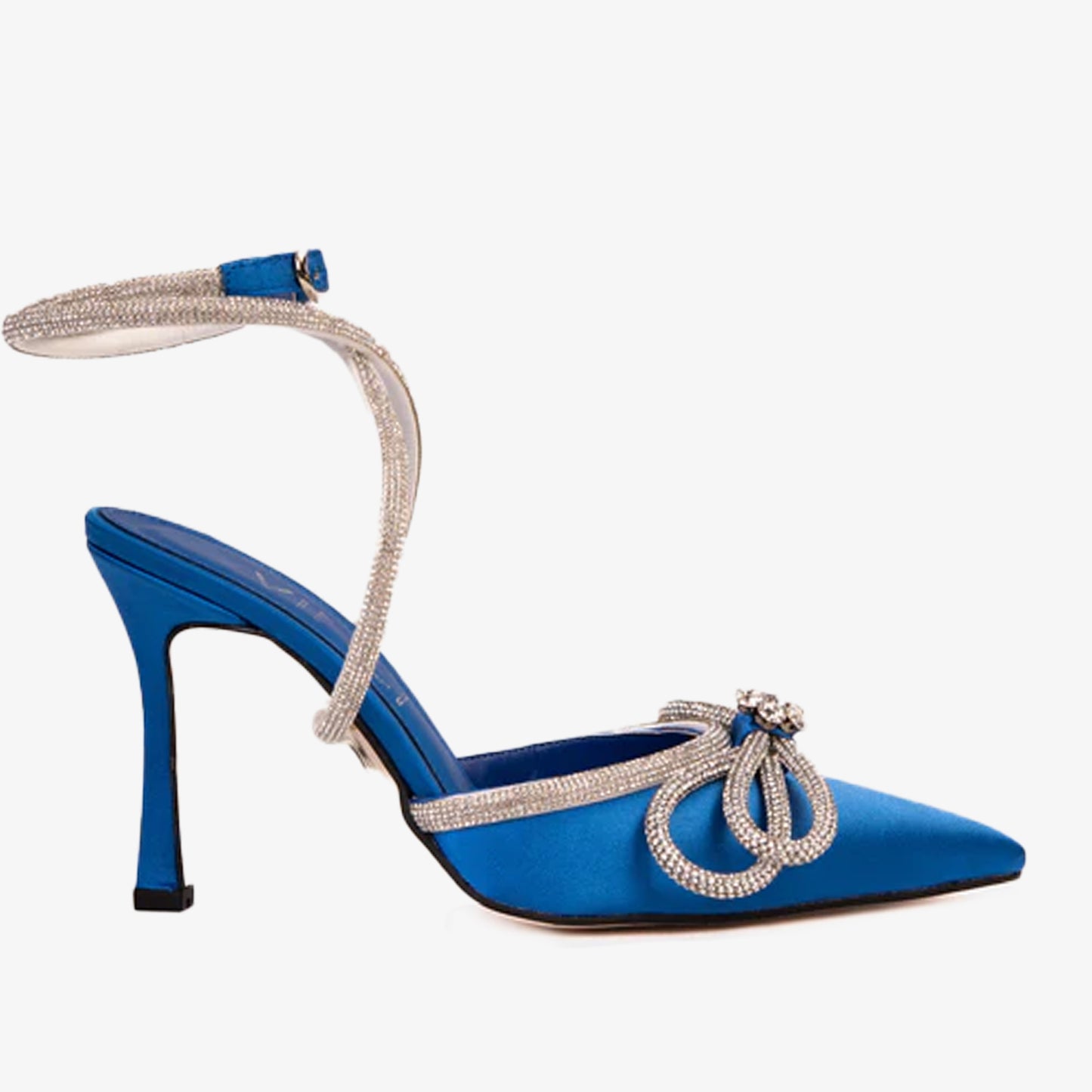 ¡Última venta de las sandalias para mujer Floransa Sax de cuero azul con punta afilada y correa al tobillo!