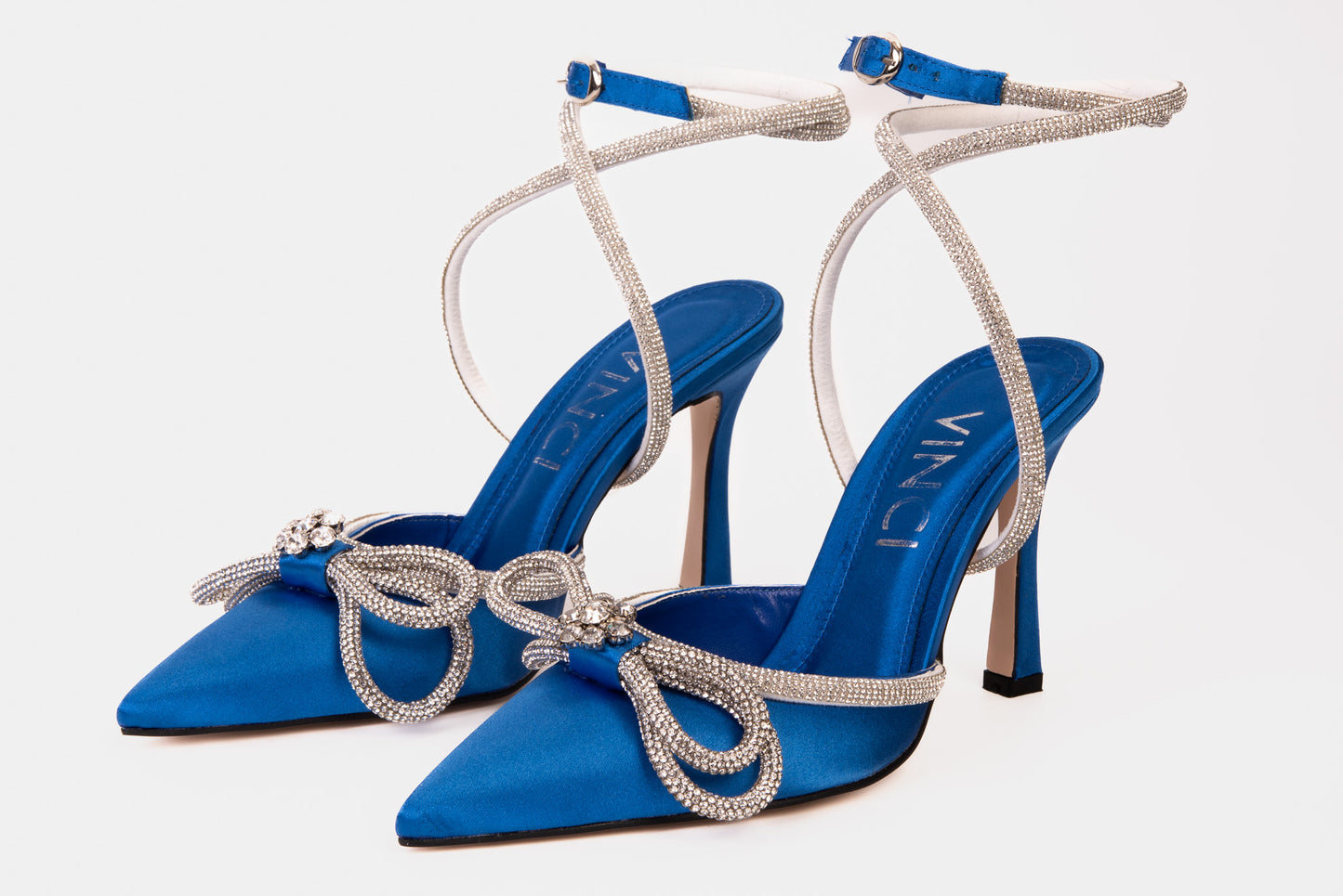 ¡Última venta de las sandalias para mujer Floransa Sax de cuero azul con punta afilada y correa al tobillo!