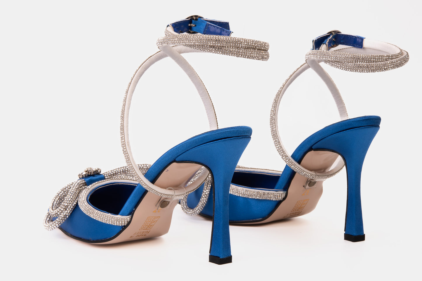 ¡Última venta de las sandalias para mujer Floransa Sax de cuero azul con punta afilada y correa al tobillo!