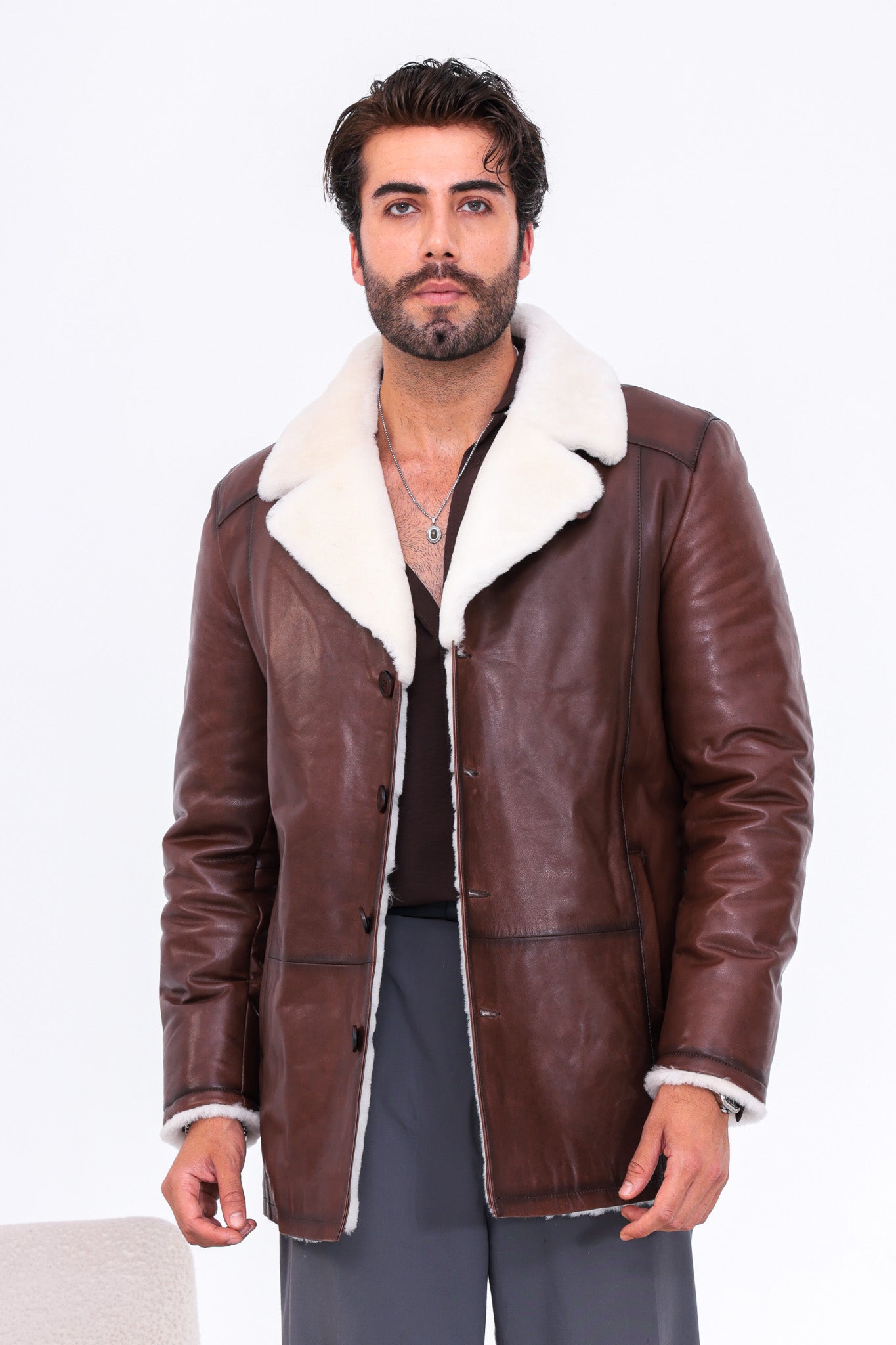 The Montavello Brown Genuine Shearling Leather Men Coat