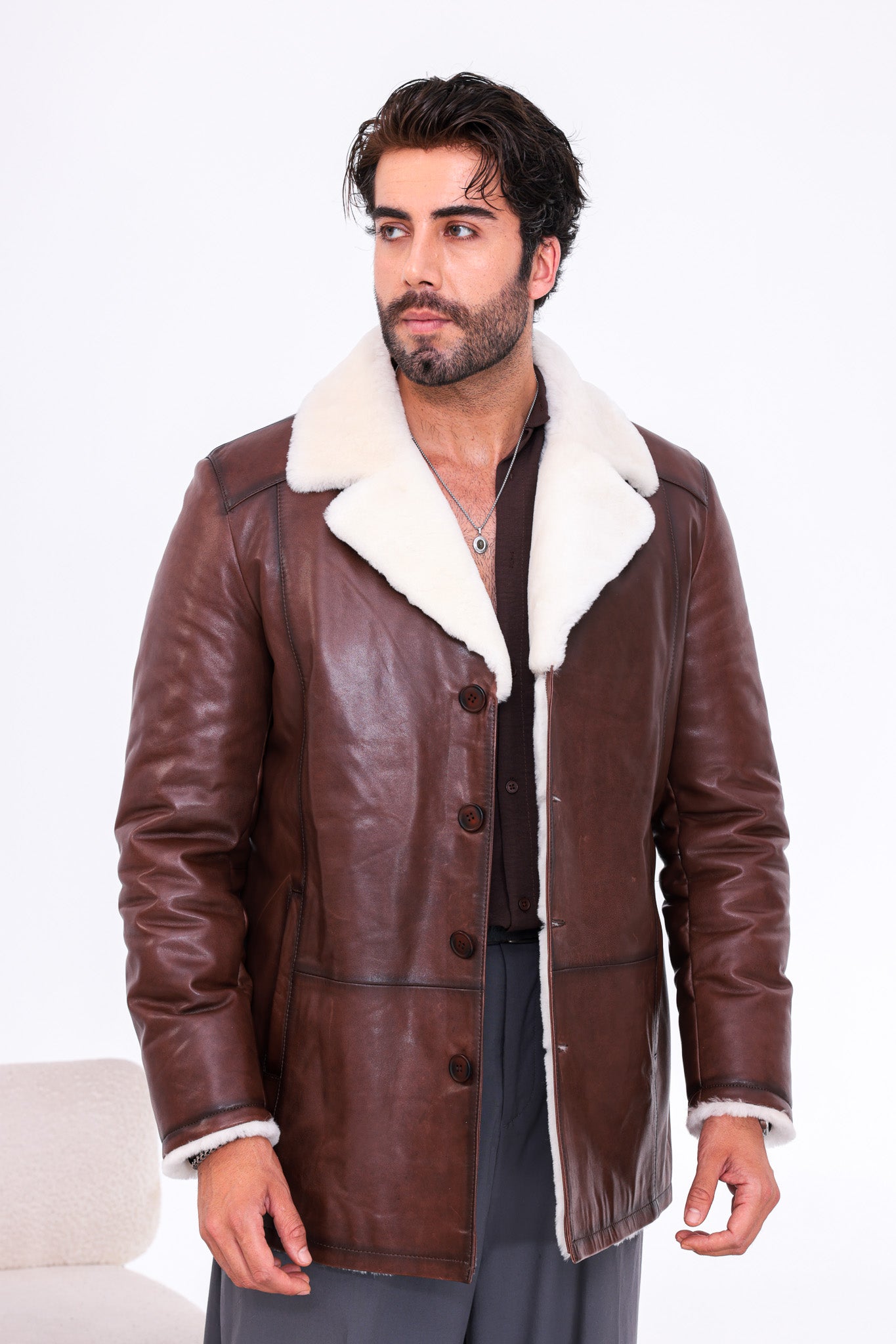 The Montavello Brown Genuine Shearling Leather Men Coat