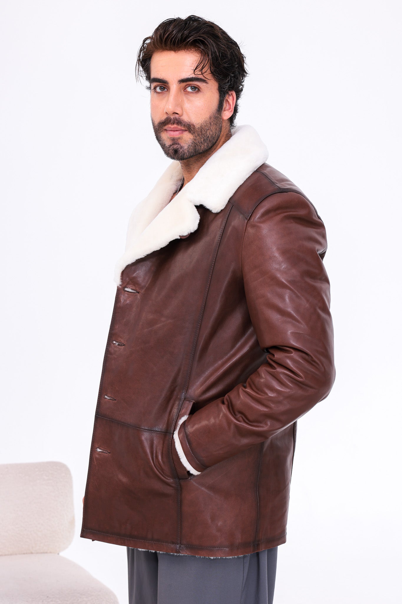 The Montavello Brown Genuine Shearling Leather Men Coat