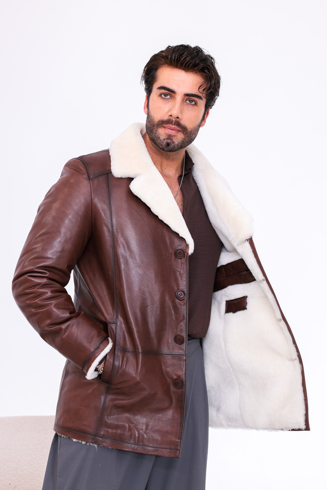 The Montavello Brown Genuine Shearling Leather Men Coat
