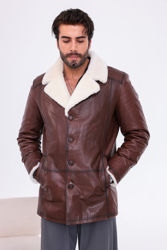 The Montavello Brown Genuine Shearling Leather Men Coat