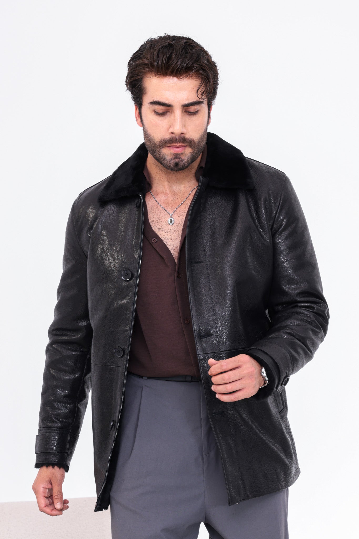 The Avelino Black Genuine Calf Leather Shearling Collar Men Coat