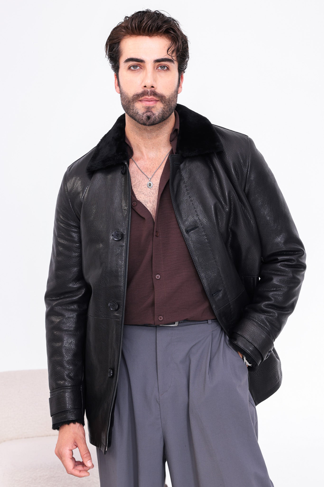 The Avelino Black Genuine Calf Leather Shearling Collar Men Coat
