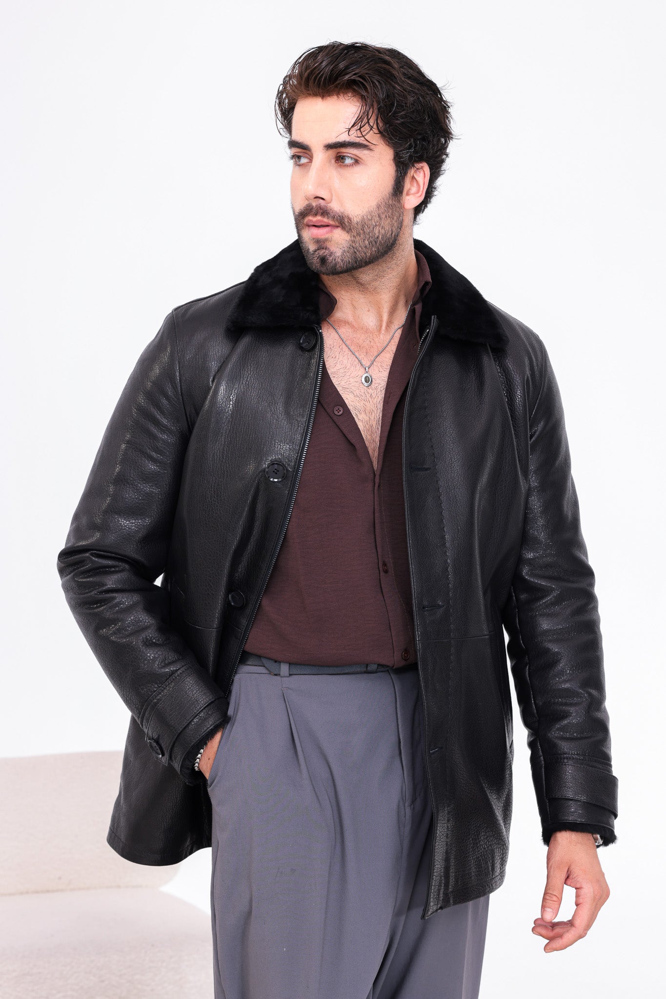 The Avelino Black Genuine Calf Leather Shearling Collar Men Coat