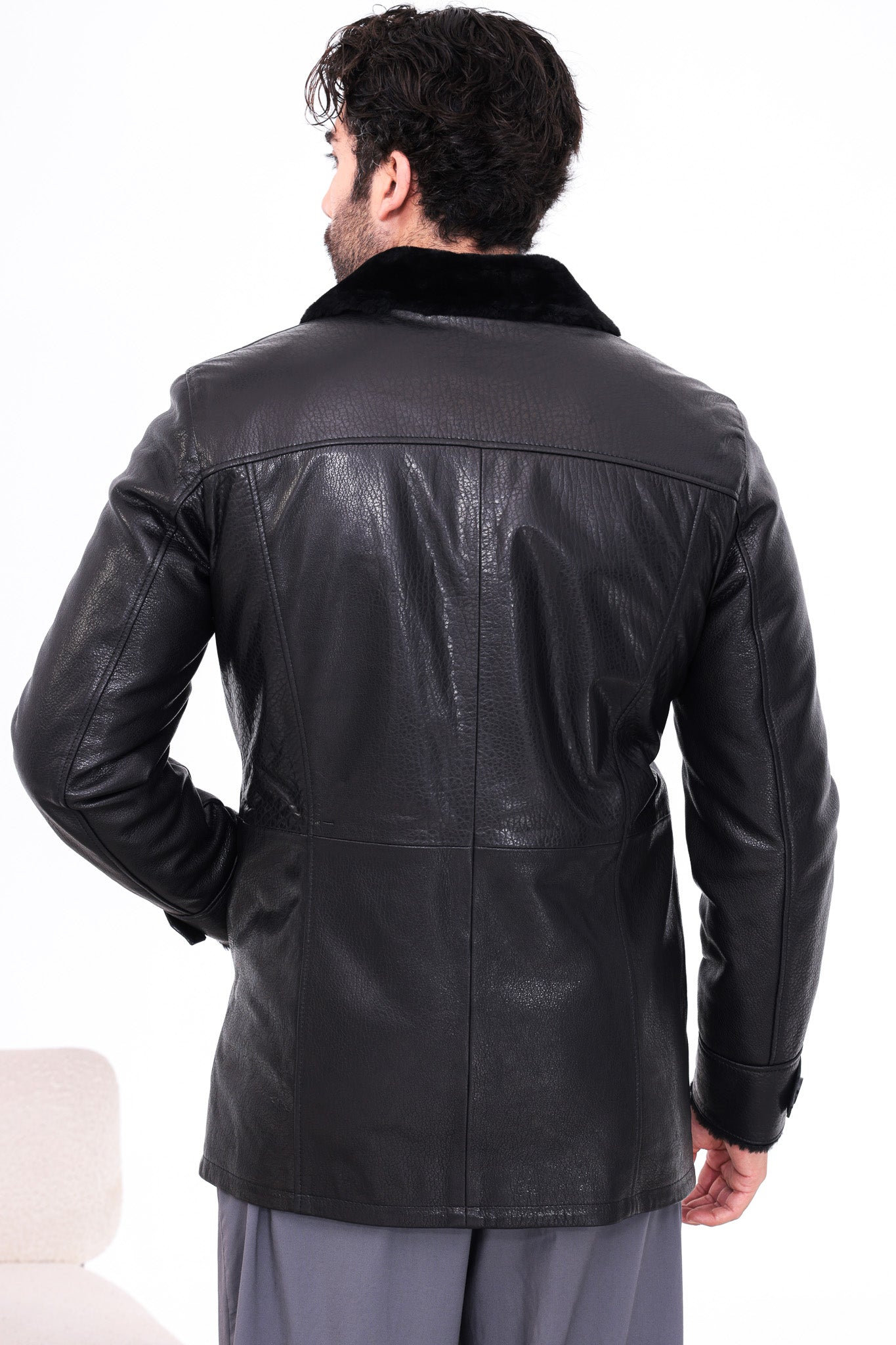 The Avelino Black Genuine Calf Leather Shearling Collar Men Coat