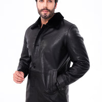 The Avelino Black Genuine Calf Leather Shearling Collar Men Coat